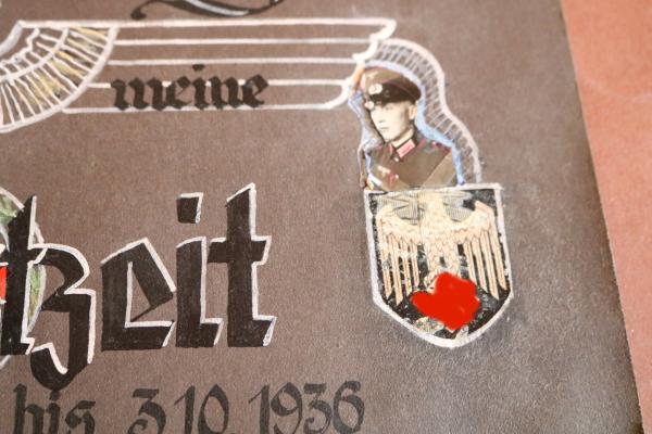 old album page drawing - helmet decals - reminder service time 1936 - saying on the back